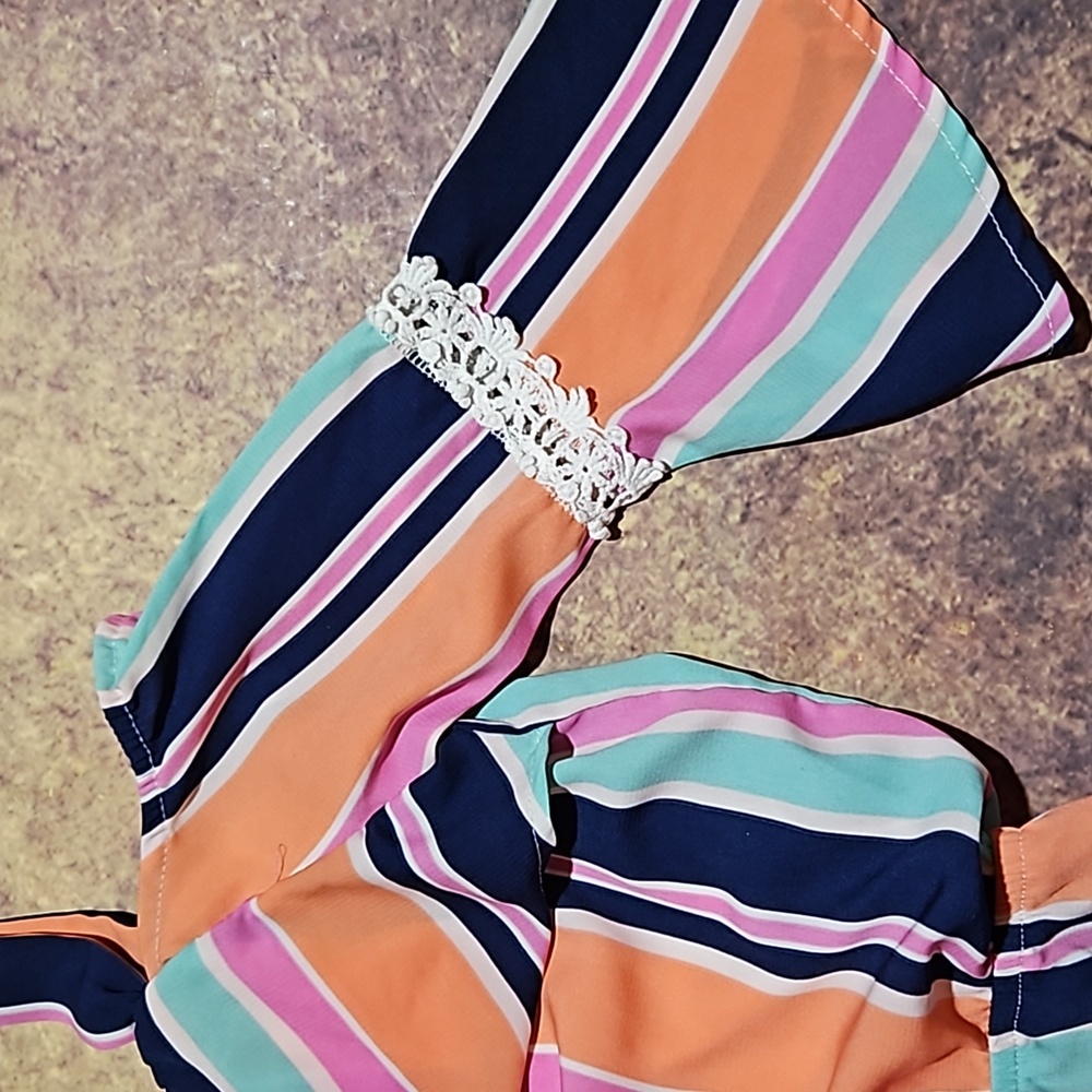 My Michelle | Fun Striped Off Shoulder Romper - Picture 7 of 8